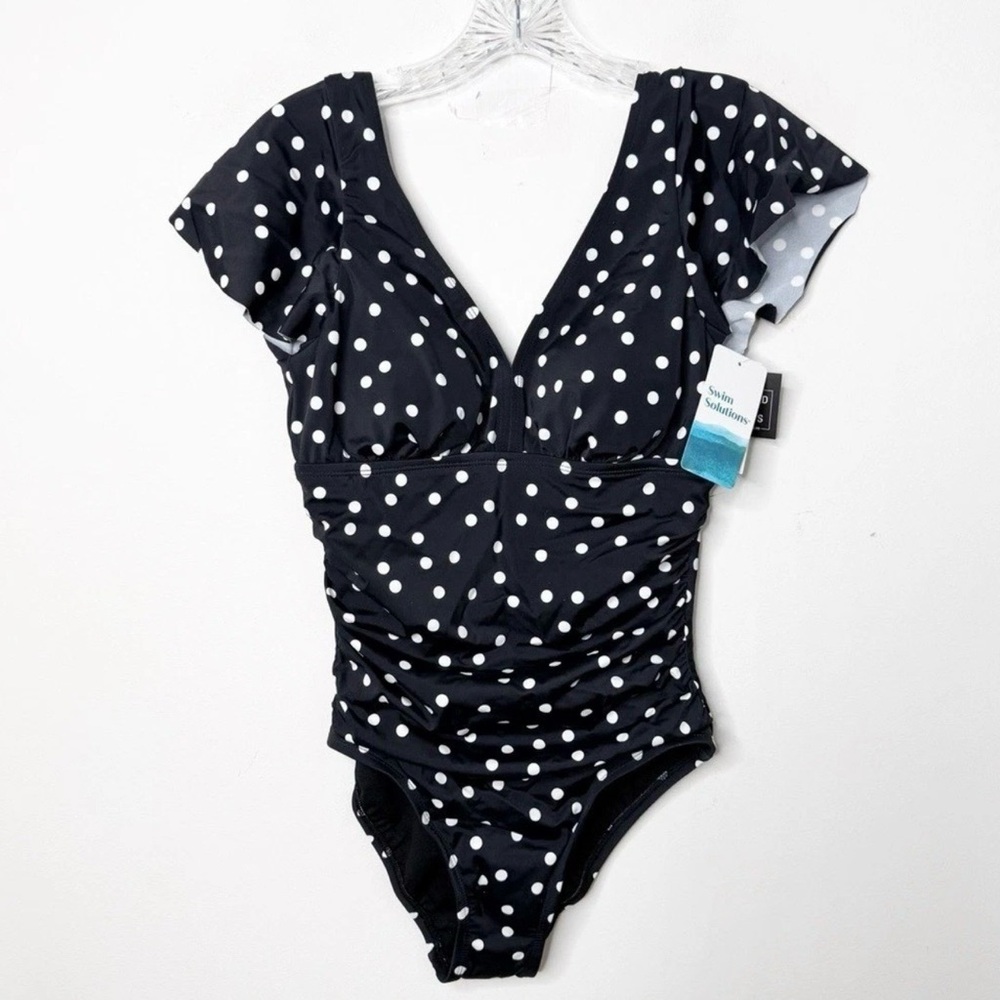 NWT SWIM SOLUTIONS Flutter Ruffle Sleeve Polka Dot One Piece Swimsuit Sz. 10 - Picture 2 of 5